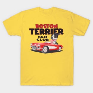 Cute fur baby Boston Terrier riding in Yellow Classic Car T-Shirt